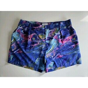Rebdolls Women's Plus 1X Watercolor Pleat Shorts Lightweight Blue Multicolor